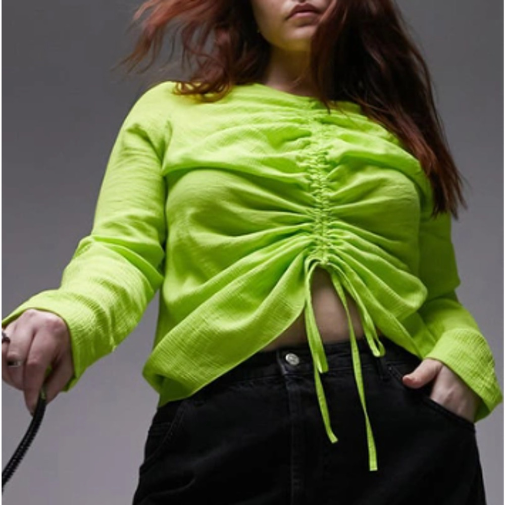 Nordstrom TOPSHOP ~ Lime Green Long Sleeve Ruched Front Top Size 8 VISCOSE